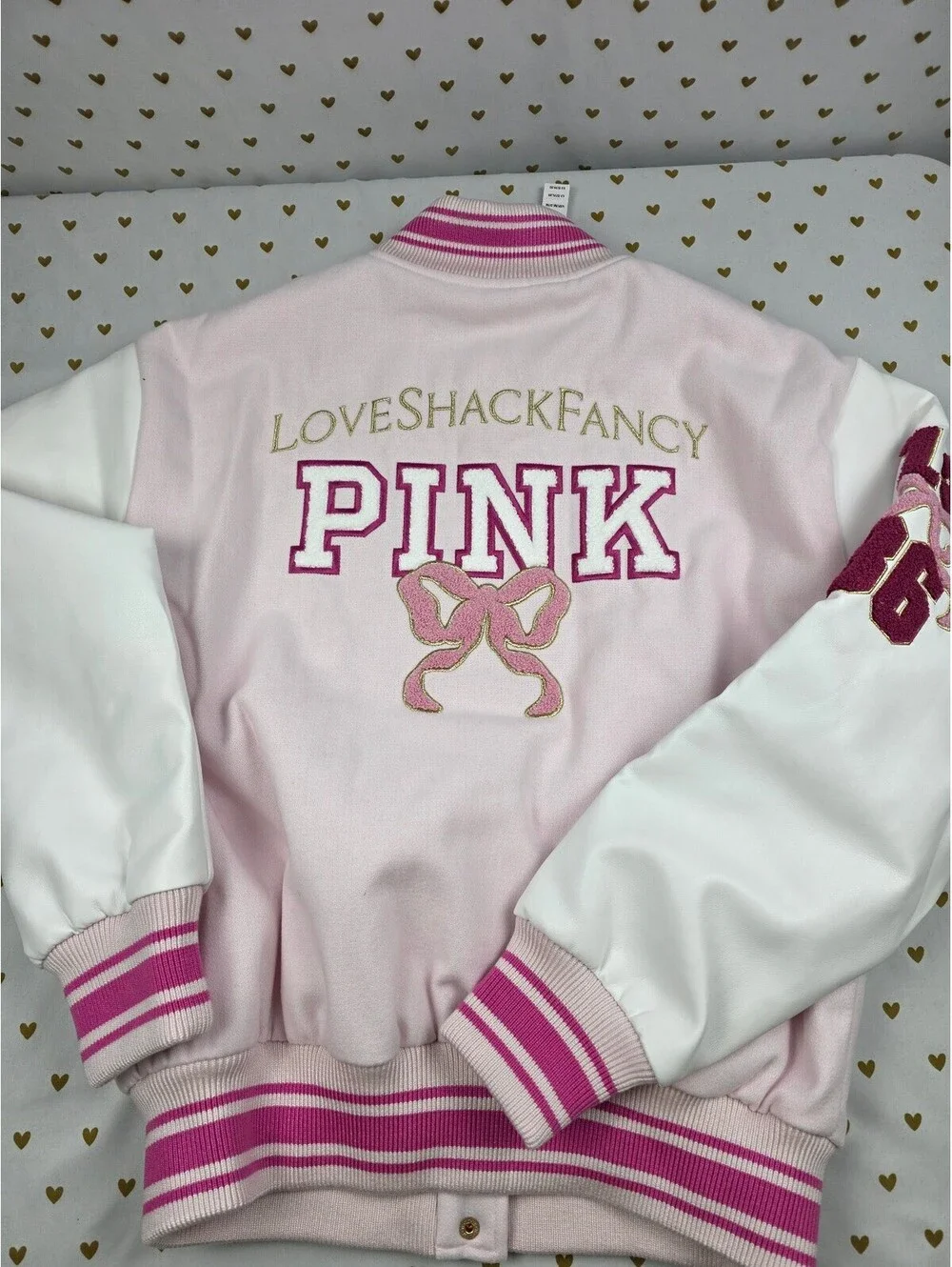 NWT Victoria's Secret PINK LoveShackFancy Varsity Jacket Pink LARGE NEW HTF